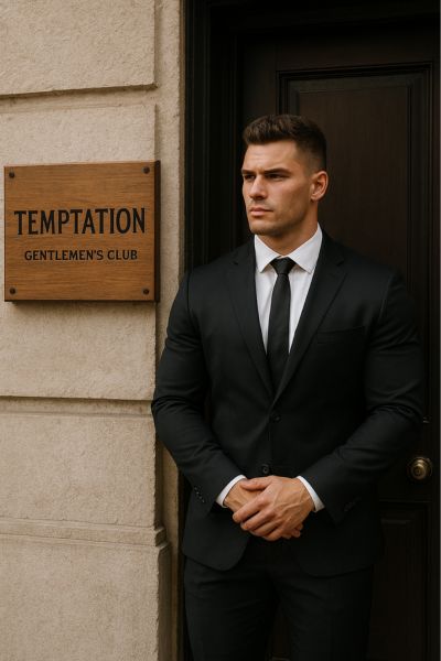 A tall man with dark hair and a suite standing next to a sign that says Temptation Gentlemen's Club