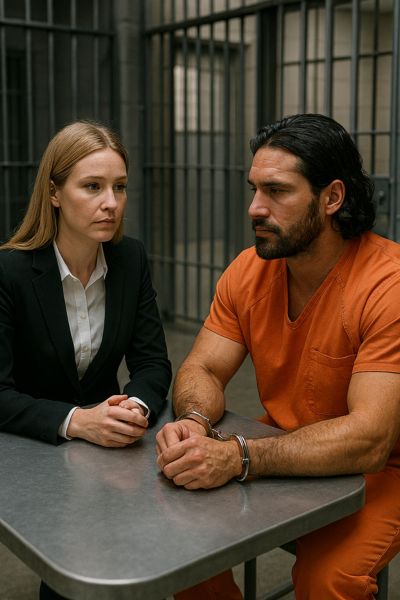 Woman in a suit talking to a man in a prison uniform and handcuffs