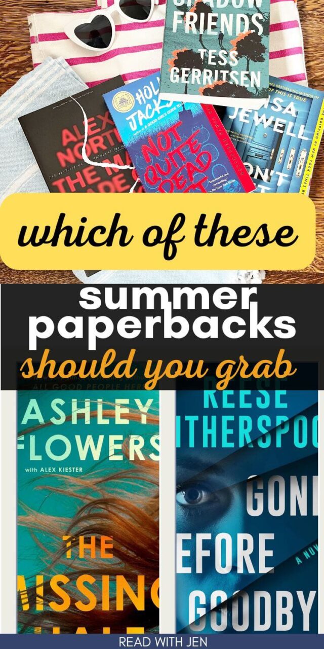 A photo of a collection of New Summer Paperbacks on a pink striped tote bag with sunglasses
