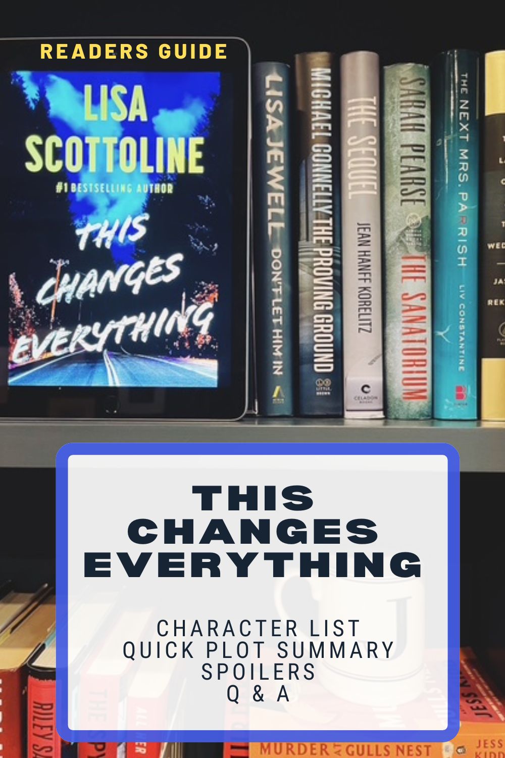 Readers Guide to This Changes Everything by Lisa Scottoline. The book on a shelf with other blue books.