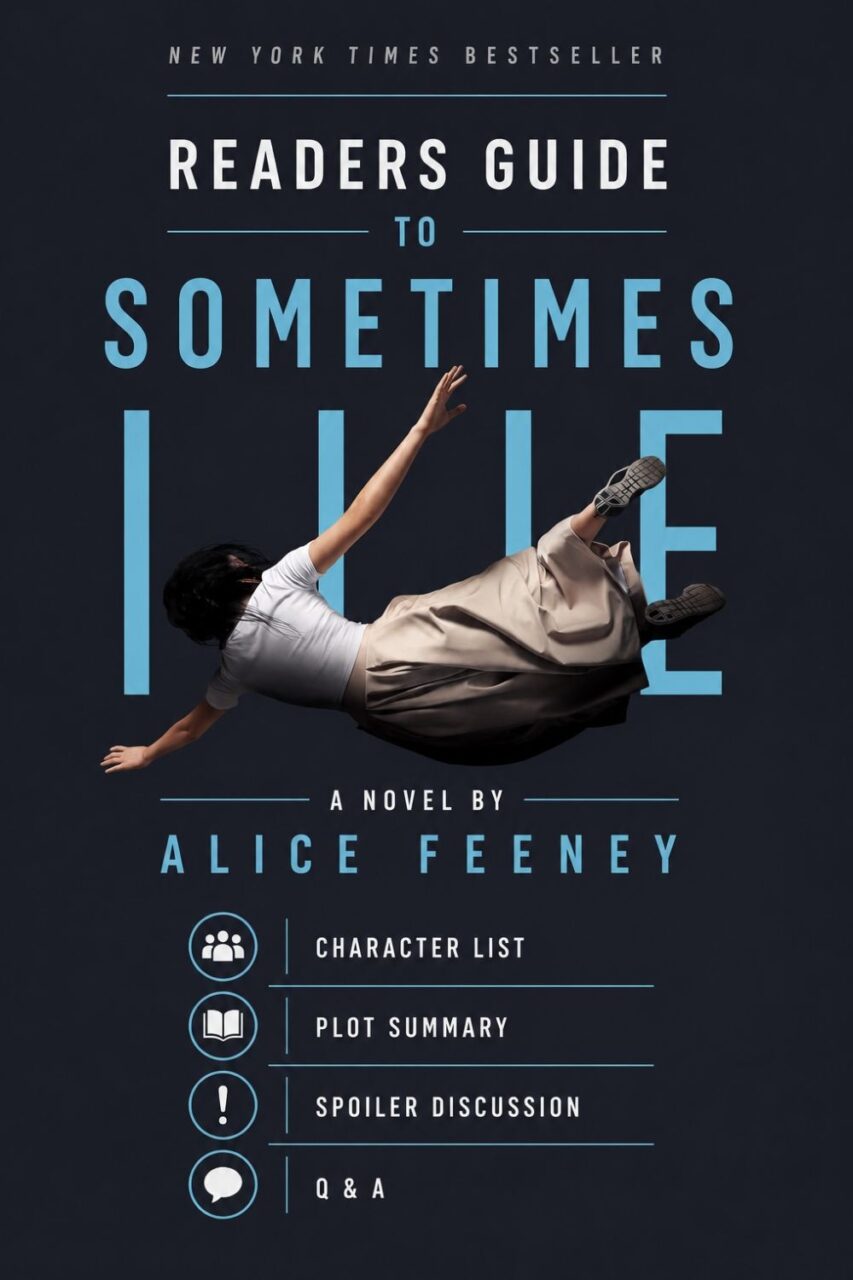Readers Guide to Sometimes I Lie: a woman floats through the air in front of the title.