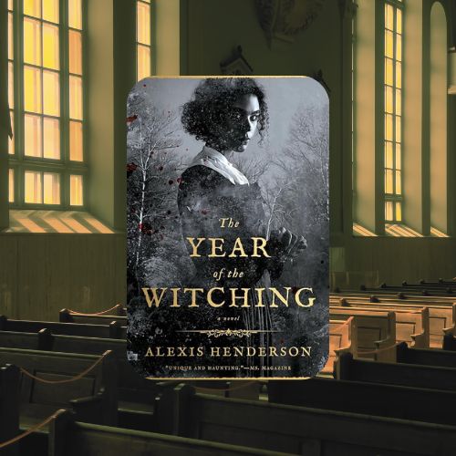 Cover of the Year of the Witching on a sepia photo of the inside of a church