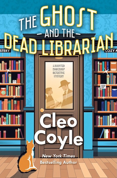 Cover of The Ghost and the Dead Librarian. An illustration of a library and a cat