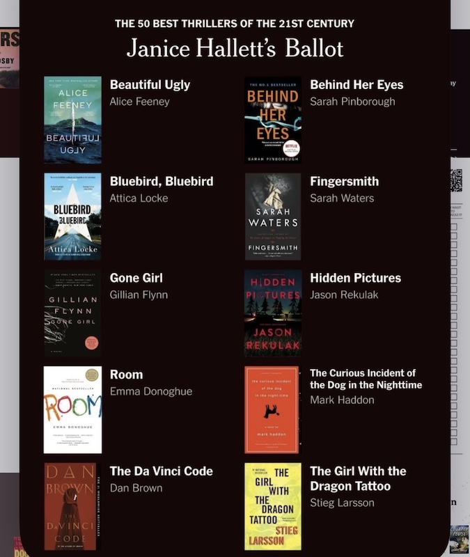 Janice Hallett's vote for the top thrillers of the 21st Century