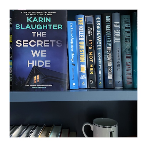 Photo of a copy of The Secrets We Hide on a blue shelf next to other blue books