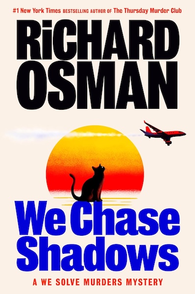Cover of We Chase Shadows which shows a cat and a plane against a setting sun