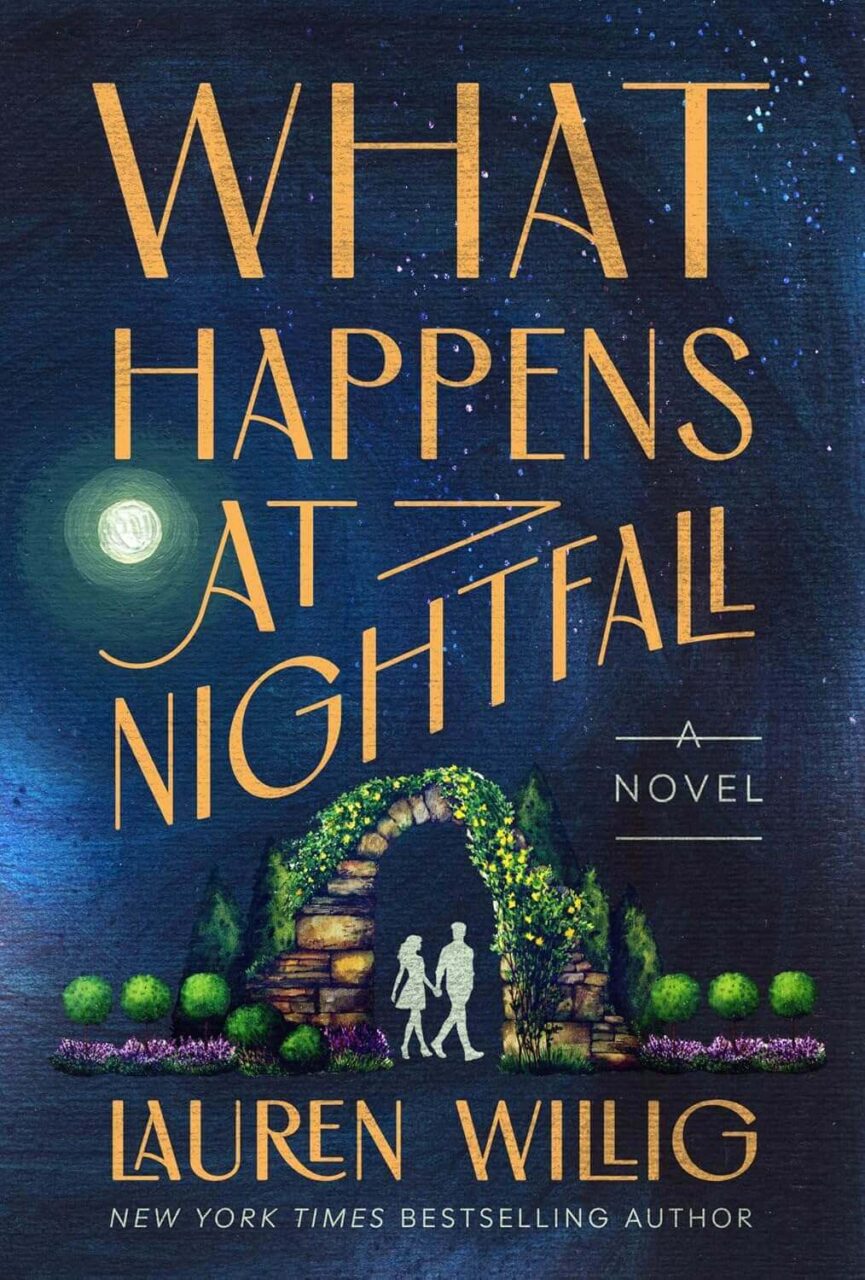 Cover of What Happens at Nightfall, which shows a couple walking in a park at night