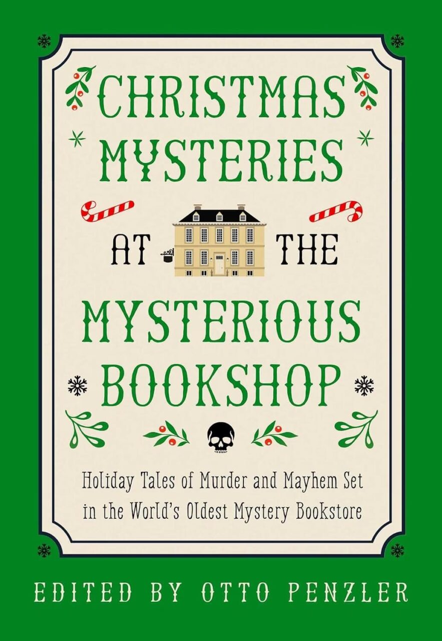 Needlepoint style text of Christmas Mysteries at the Mysterious Bookshop
