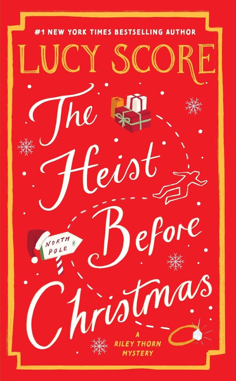 Cover of The Heist Before Christmas which has the title with small illustrations of gift boxes and a North Pole sign