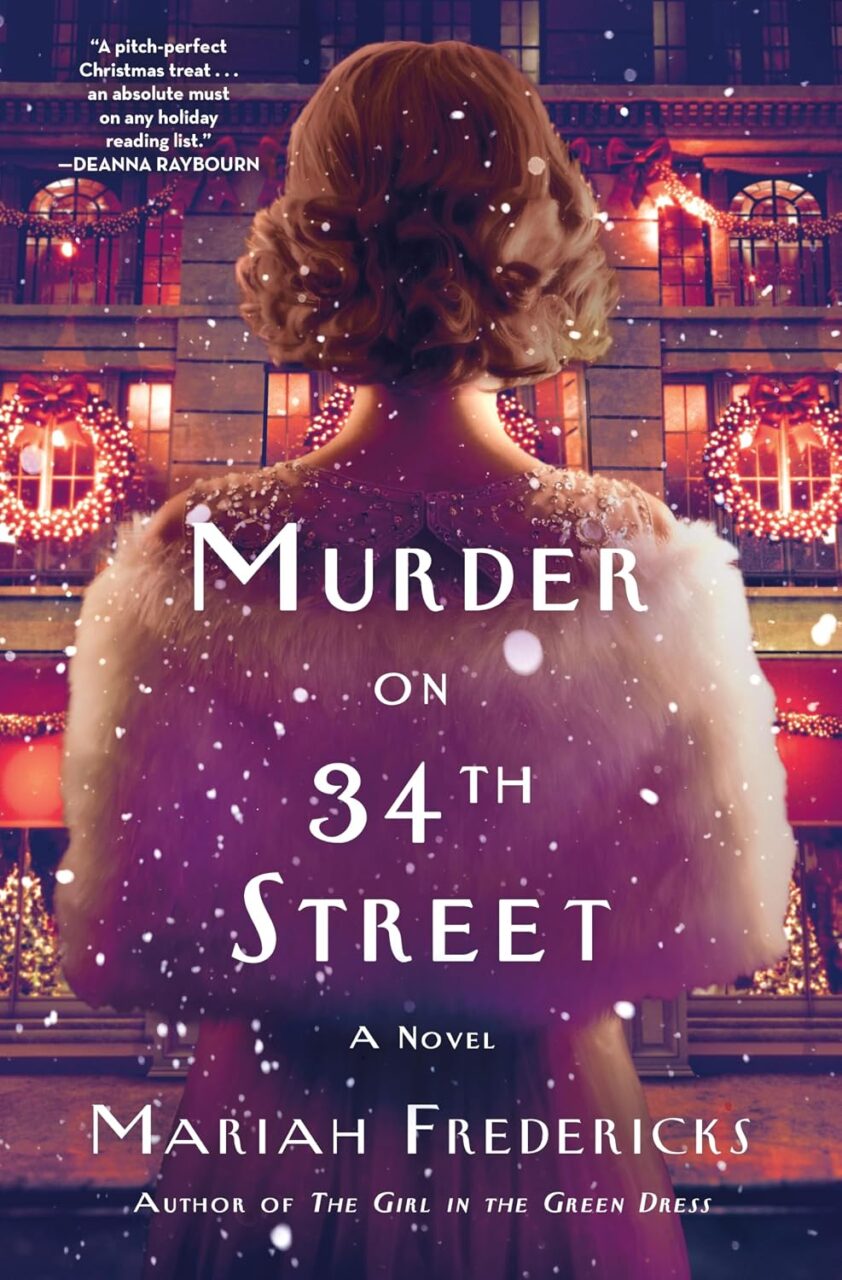 Cover of Murder on 34th Street which shows a woman in a fur stole looking out at a holiday decorated street