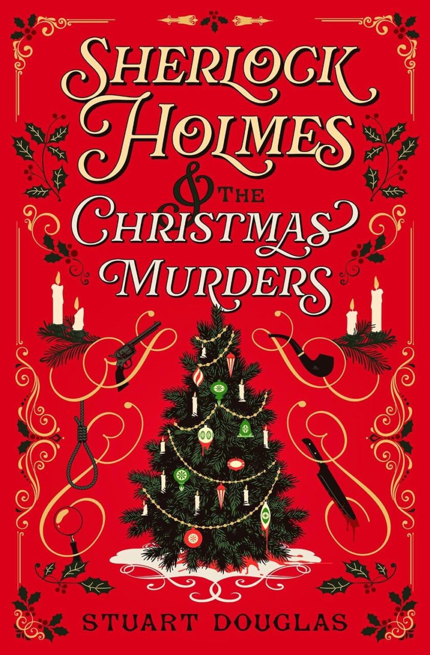 Cover of Sherlock Holmes and the Christmas Murders. A bright red background with a decorated tree