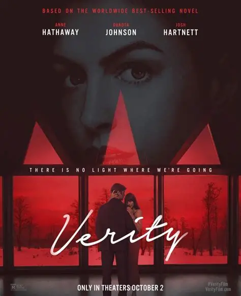 Movie poster for Verity, which shows Verity (Anne Hathaway's) face superimposed over Jeremy (Josh Hartnett) and Lowen (Dakota Johnson) embracing